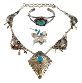 3pc Lot Vintage Turquoise Sterling Silver Jewelry Midcentury Pin Native American Bracelet & Necklace