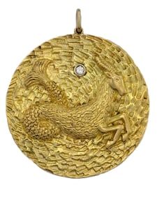 Huge 63G 18K Yellow Gold Signed Moba Seymour L. Moss Diamond Capricorn Goat Fish Zodiac Pendant