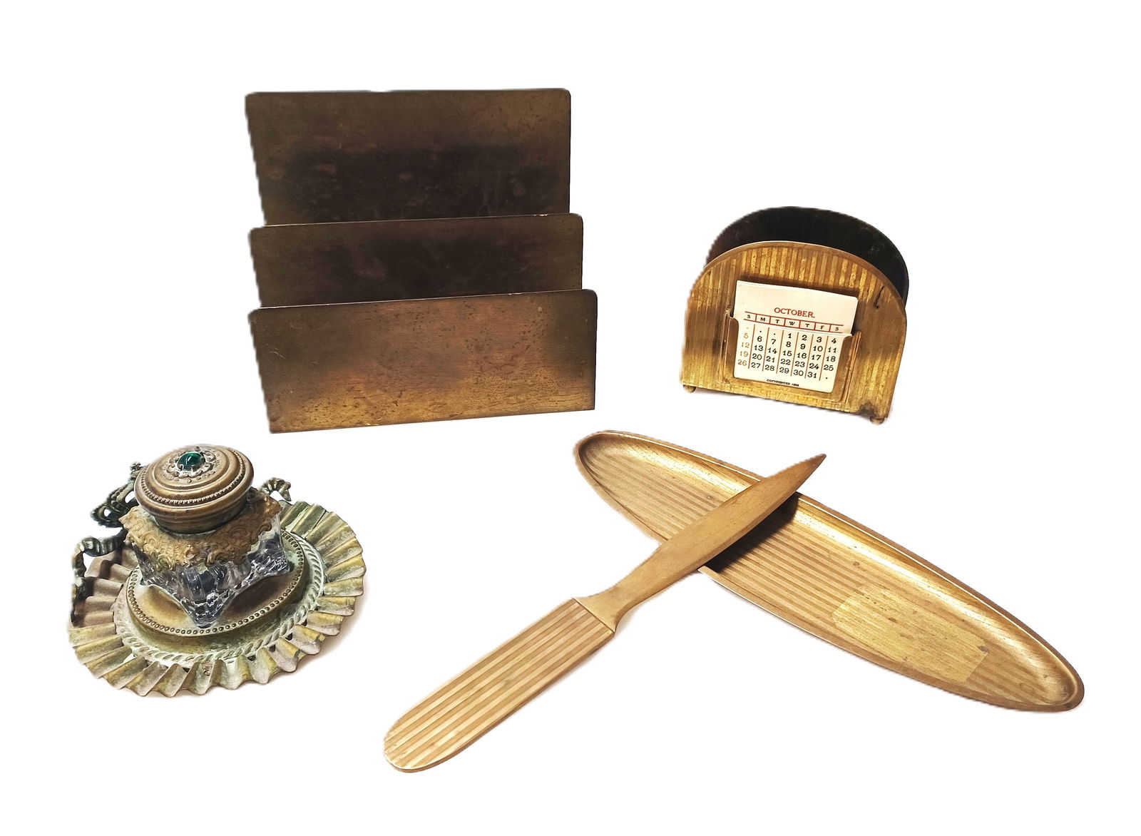 Brass Bradley Hubbard Art Deco Desk Set w/ Inkwell: Described by:Rafe HFA NOE 66756 Title:Brass Bradley Hubbard Art Deco Desk Set w/ Inkwell Description: Brass Bradley Hubbard Art Deco Desk Set w/ Inkwell Stamping and Factory Marks: Bradley & Hubbar