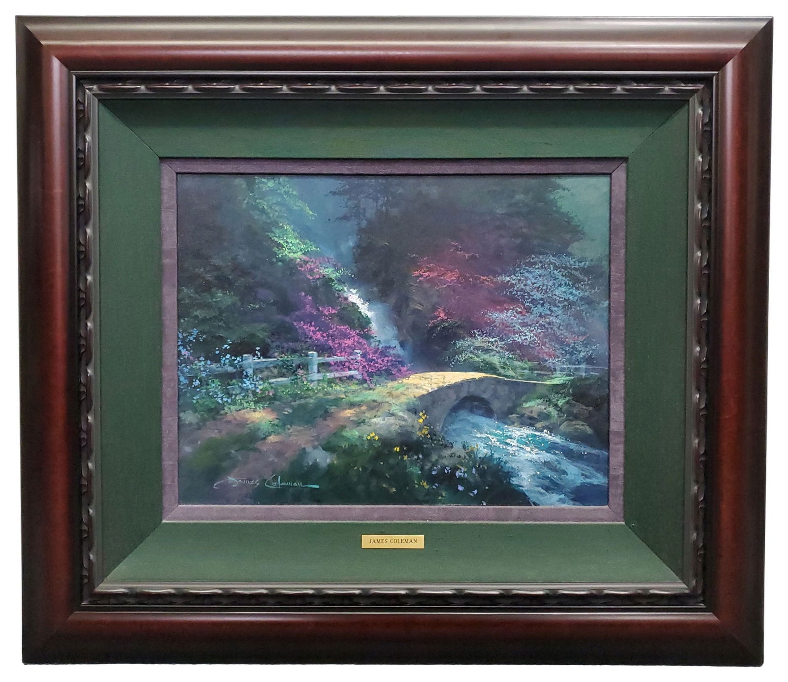 James Coleman Summer Walk Footbridge Blossoms Oil Painting Disney Artist: Described By: Michelle CNX VX 0520 0579 Title: James Coleman Summer Walk Footbridge Blossoms Oil Painting Disney Artist Description: James Coleman Summer Walk Footbridge Blossoms Oil Painting