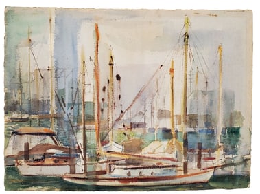 Signed Dated 55 California Collection Semi Abstract Sailboats Harbor Seascape Watercolor Painting