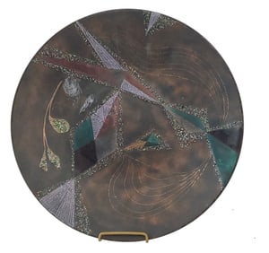 Zern or Zerm Enamel Plate Kay Whitcomb Manner Enamel Metal MCM Abstract Plants 10in