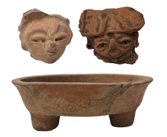 Lot of 3 Pre-Columbian Pottery Figure Statue Head Basin Bowl Terracotta Clay Mesoamerican