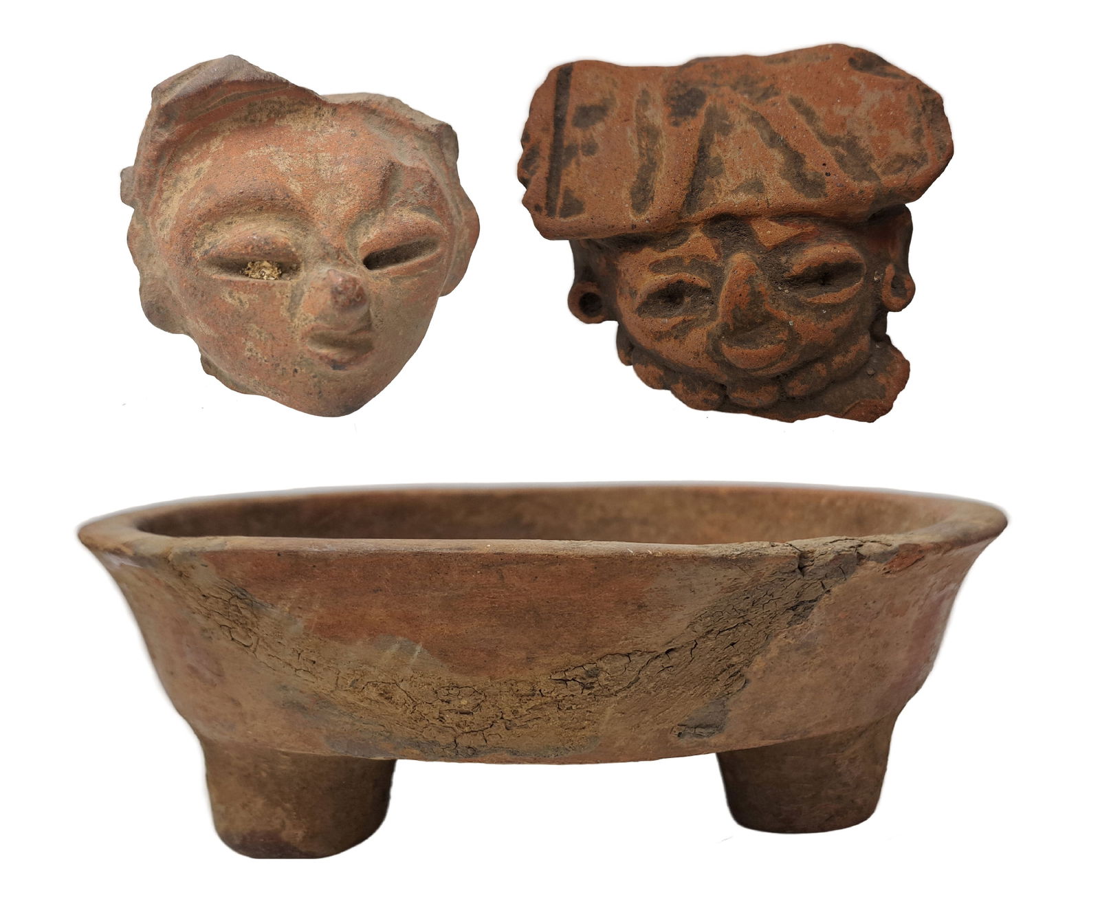 Lot of 3 Pre-Columbian Pottery Figure Statue Head Basin Bowl Terracotta Clay Mesoamerican (1 of 9)
