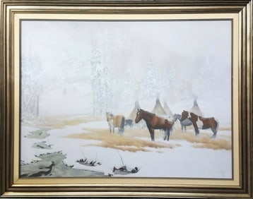 Jacob Pfeiffer 36x48 Native American Horse Winter Landscape Oil Painting 1988