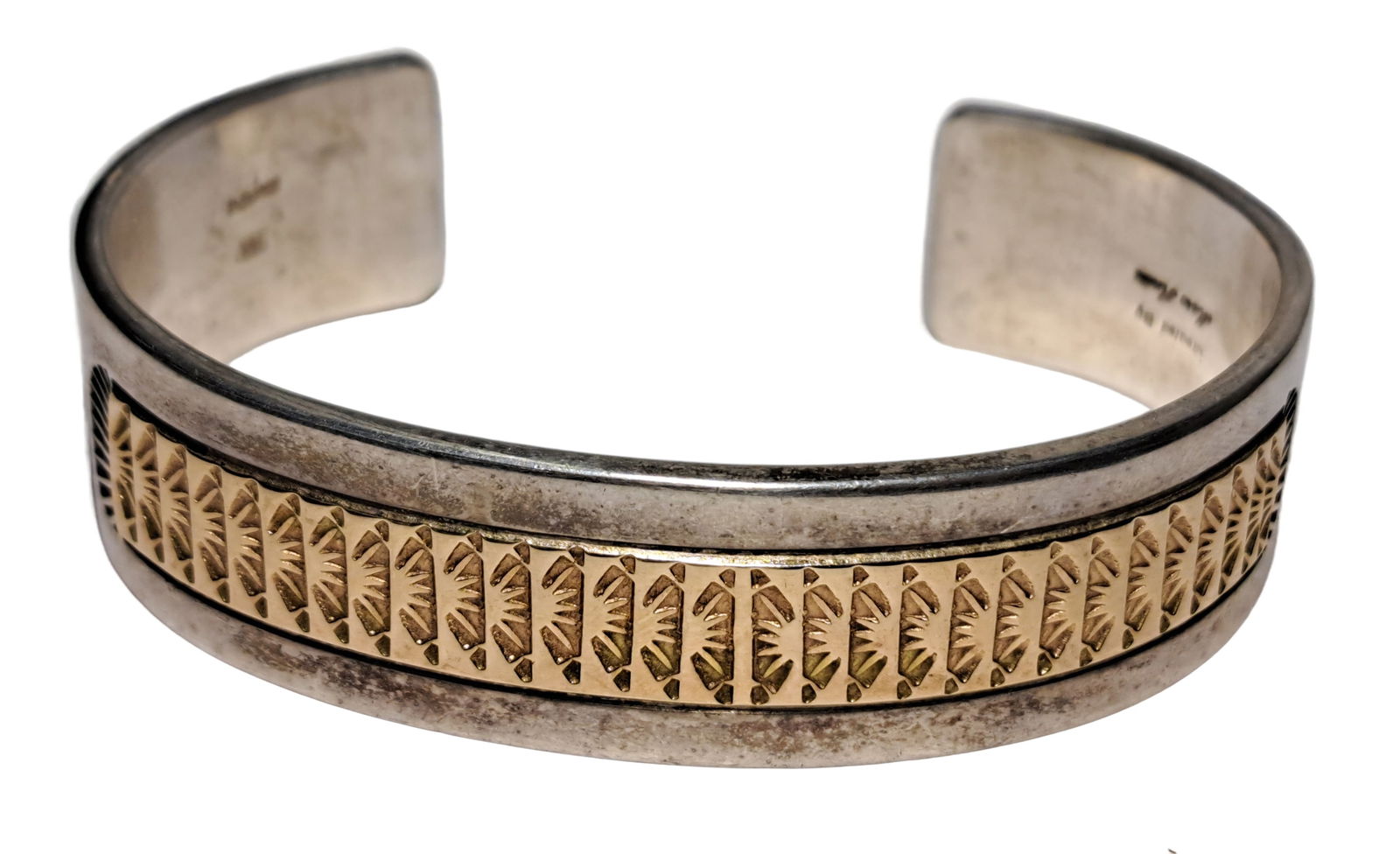 Marc Antia Apache German 925 Sterling Silver 14K Gold Artist Signed Bangle Cuff Bracelet (1 of 8)