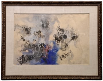 Original Kam Zin Choon Mid Century Abstract Watercolor Mixed Media Painting Singapore Artist