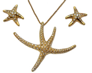 Elsa Peretti Tiffany & Co 18K Gold 0.85ctw Fine Diamond Starfish Pendant Necklace Earring Suite