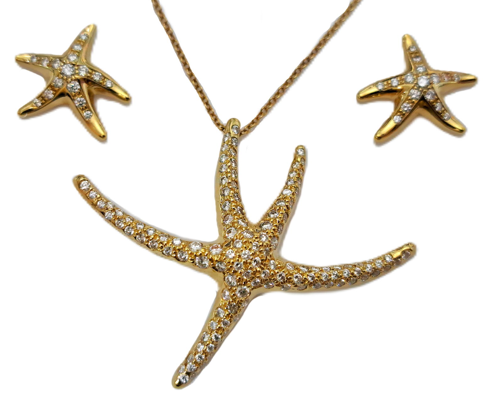Elsa Peretti Tiffany & Co 18K Gold 0.85ctw Fine Diamond Starfish Pendant Necklace Earring Suite (1 of 7)