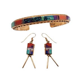 Tom David 14k Navajo Native American Coral Opal Turquoise Inlay Cuff Bracelet & Earrings 40.6g