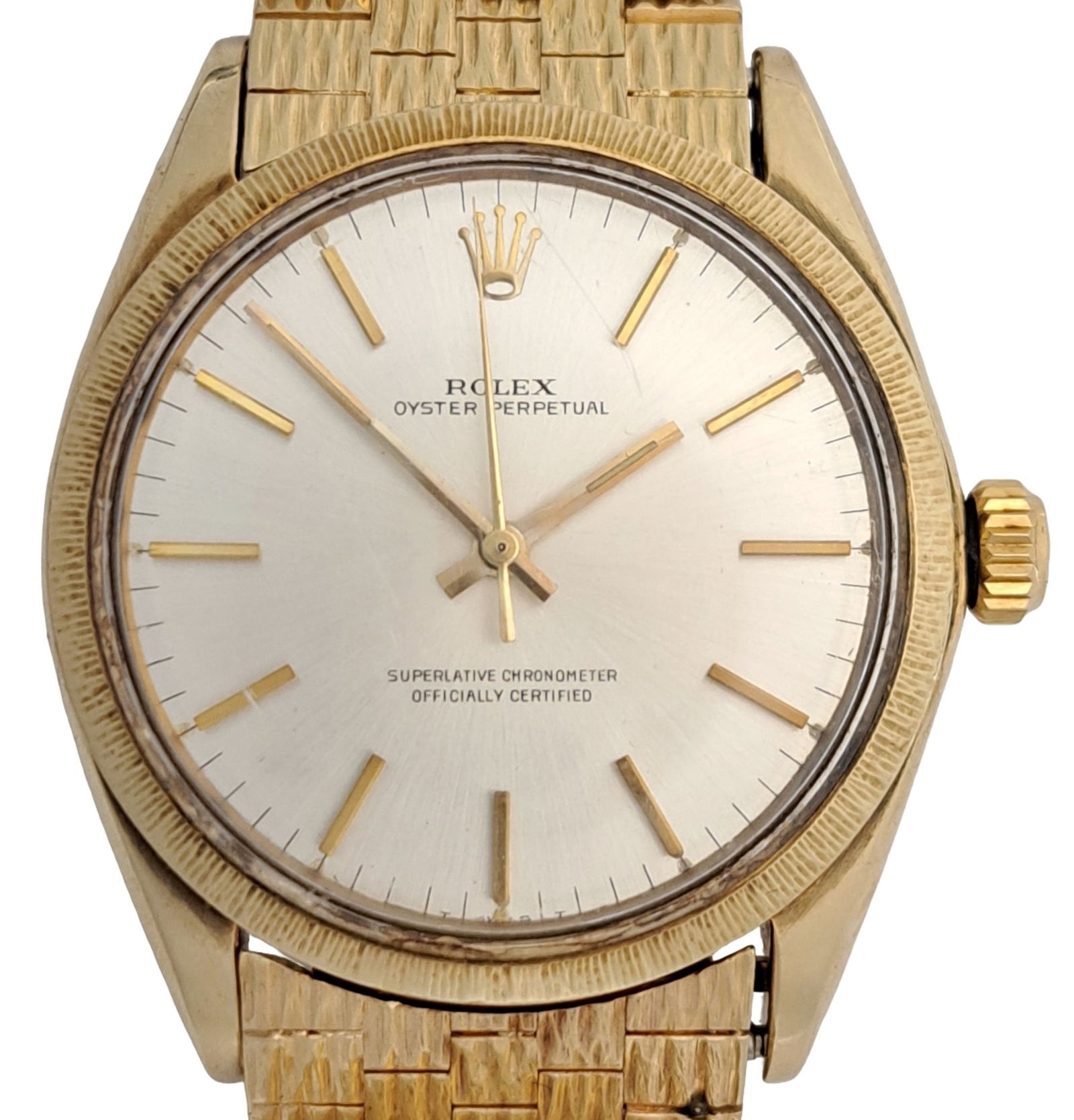 Rare Rolex 1023 Mens 14K Gold Orig Brickwork Gold Bracelet Automatic Vintage Wrist Watch Box Papers: Described By:Dillon 68038 NMDDD Title:Rare Rolex 1023 Mens 14K Gold Orig Brickwork Gold Bracelet Automatic Vintage Wrist Watch w/ Box Papers Description: Rare Rolex 1023 Mens 14K Gold Orig Brickwork G