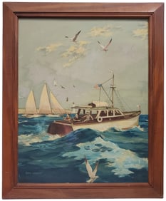 Large Motor Yacht Fishing Boat Seascape Oil On Artist Board Framed Painting Day Lowry Richmond VA