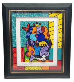 Romero Britto Dog With Bone Serigraph Layered Signed and Framed Pop Art