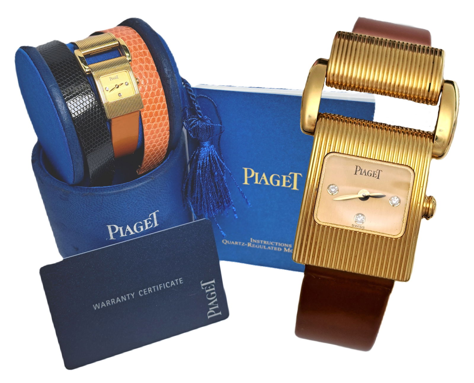 Vintage Piaget 18k Gold Ladies Mid Century Wrist Watch w Straps and Papers: Vintage Piaget 18K Gold Ladies Mid-Century Wristwatch Material & Case: Solid 18K yellow gold rectangular case with fluted det