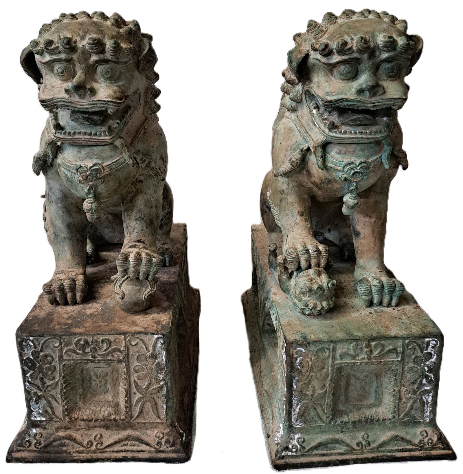 Antique Cast Bronze Fu Foo Dog Guardian Lion Pair Statue (1 of 9)