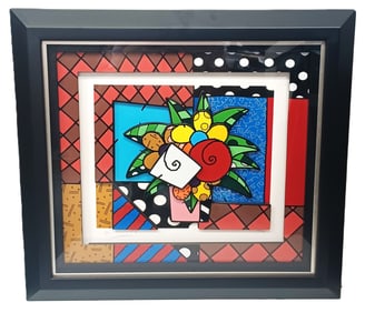 Romero Britto New Spring Flower Pot Framed Bold Pop Art