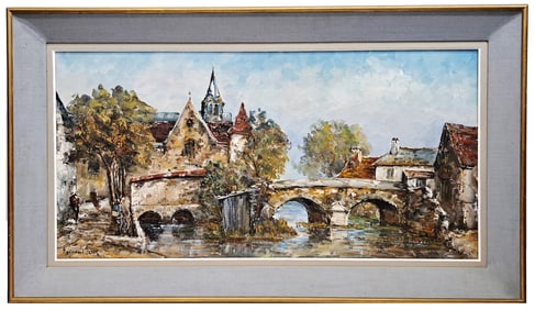 Large Raymond Besse French Impressionist Village Genre Scene European Landscape MCM Oil Painting