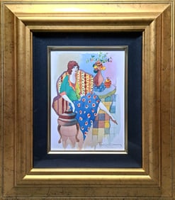 Itzchak Tarkay Woman in Poppy Skirt Israeli Artist Water Color