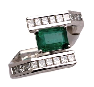 Natural Emerald Princess Cut Diamond Funky Modernist Platinum Oscar Friedman Bypass Ring