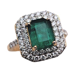 GIA Natural 3ct Emerald Diamond Double Halo Oscar Friedman Two Tone Platinum Statement Ring