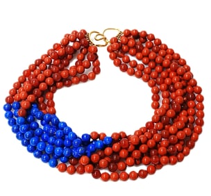 Tiffany & Co Angela Cummins 1984 Coral Lapis Lazuli Multiple Strand Bead Necklace