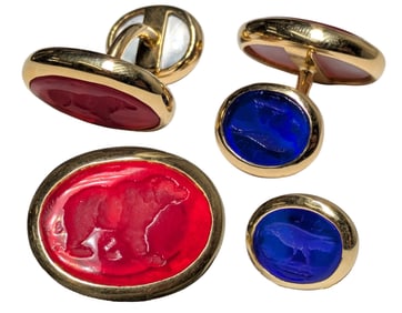 Elizabeth Locke 18K Gold Intaglio Cut Blue Red Bear Bird MOP Backed Cufflinks