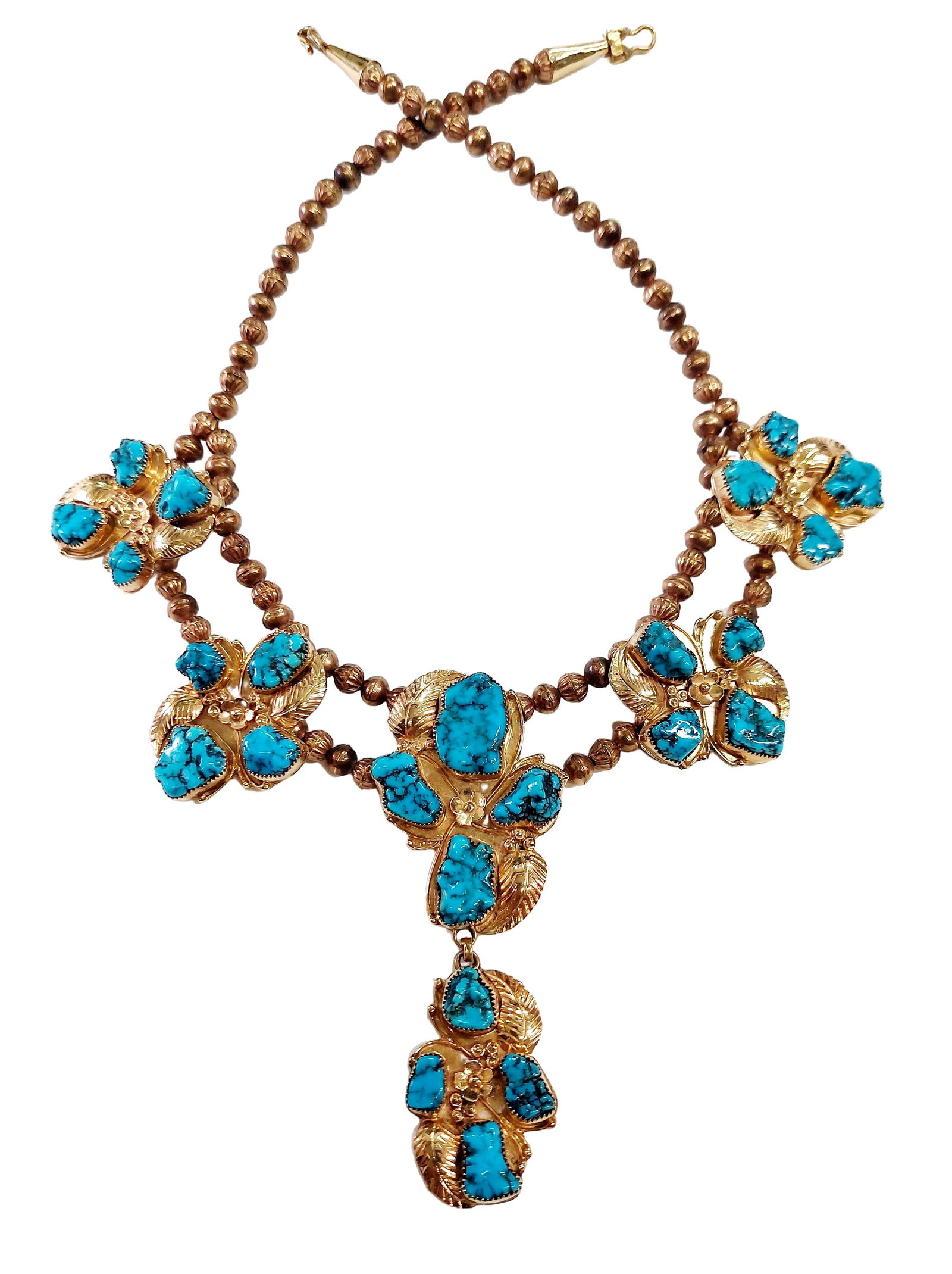 Vintage 14k Gold Fine Blue Turquoise Native American Squash Blossom Necklace (1 of 8)