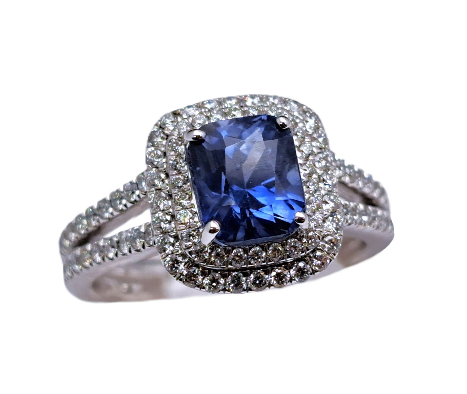 GIA 2ct Natural Ceylon Sapphire Cushion Diamond Double Halo Oscar Friedman Platinum Ring: Described & Photographed By: AF HFA CNX 0353 Title: GIA 2ct Natural Ceylon Sapphire Cushion Diamond Double Halo Oscar Friedman Platinum Ring Description:GIA 2ct Natural Ceylon Sapphire Cushion Diamon