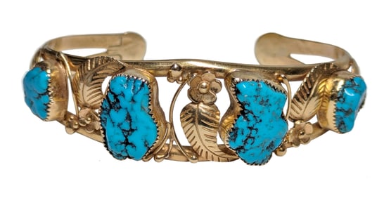Native American Indian Navajo 14K Gold Nat Turquoise Bangle Cuff Bracelet Signed JL
