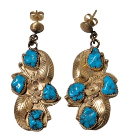 Native American Indian Navajo 14K Gold Natural Turquoise Dangle Drop Earrings
