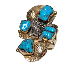 Native American Indian Navajo 14K Gold Natural Turquoise Set Ring