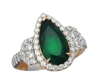 Oscar Friedman GIA 1.7ct Natural Emerald Pear Shape Diamond Halo Platinum Cocktail Ring