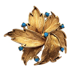 Cartier Signed Numbered Persian Turquoise 18k Gold Vintage Foliate Mid Century Brooch Pin