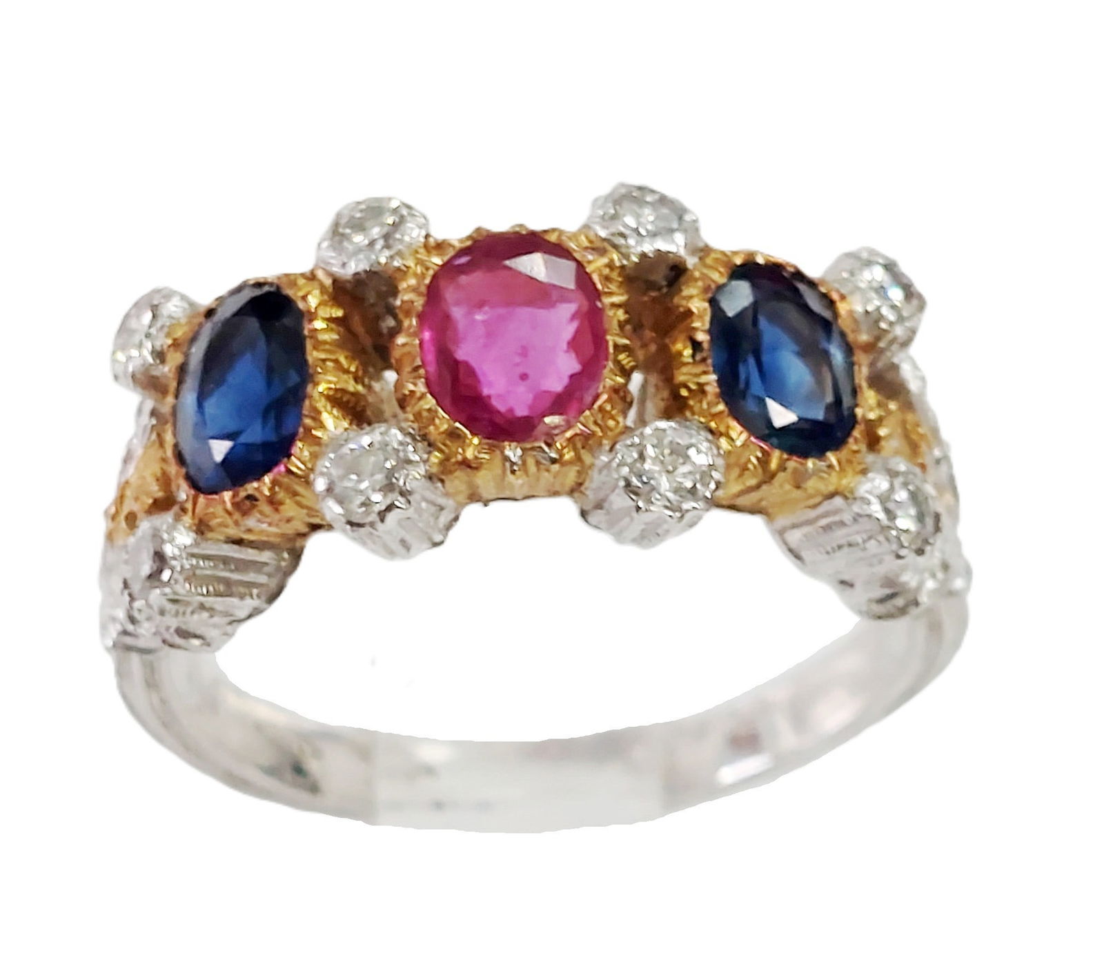 Signed Numbered Buccellati Natural Ruby Sapphire Diamond 18k Gold Two Tone Ring (1 of 8)