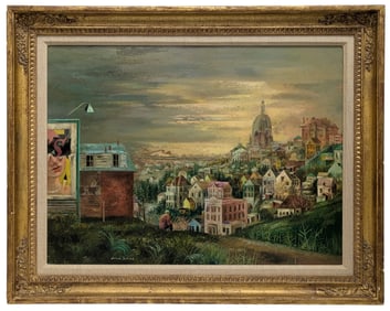 Aaron Bohrod City River Train Figure Billboard Landscape Oil On Panel Social Realist Surrealist