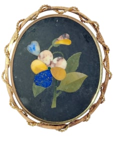 Antique Finely Made Pietra Dura 14k Gold Mosaic Stone Inlay Large Victorian Era Floral Motif Brooch