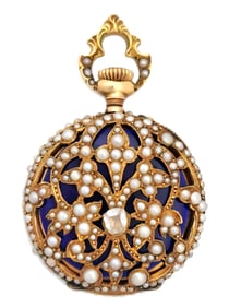 Victorian Ladies 14K Gold Enamel Natural Pearl Natural Diamond Extraordinary Working Pocket Watch