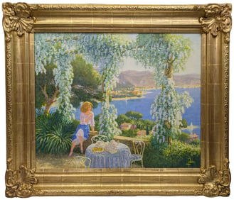 Louis Fabien French Impressionist Blooming Harbor Veranda Composition Oil on Canvas Painting