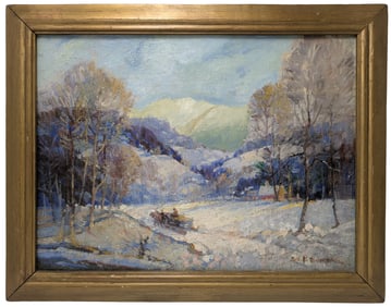 James King Bonnar Impressionist Winter Sleigh Landscape Oil on Panel Painting New England