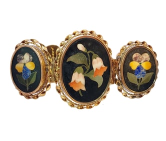 Finely Made Victorian 14k Gold Pietra Dura Mosaic Stone Inlay Large Floral Motif Bracelet