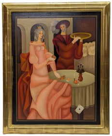 Igor Galanin Russian American Surrealist 1975 Oil on Panel Painting Queen Cards Attendant