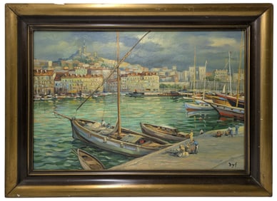 Marcel Dyf French Post Impressionist River Quay Boats Landscape Seascape Oil on Canvas Painting