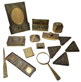 Vintage Tiffany Studios New York Abalone Bronze Rare 15 piece Desk Set 1917 Lillian Nassau
