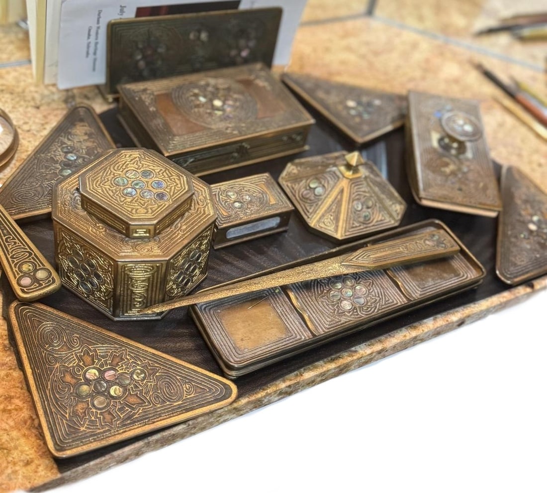 Vintage Tiffany Studios New York Abalone Bronze Rare 15 piece Desk Set 1917 Lillian Nassau (1 of 13)