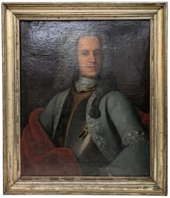 Large Antique 17c 18c Gentleman Armor Formal Early Portrait 26.25 x 31 Inch Oil on Canvas Painting
