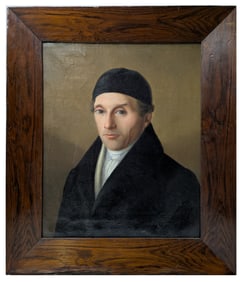 Antique 18c 19c Formal Gentleman Portrait Oil on Canvas Painting Grain Painted Frame