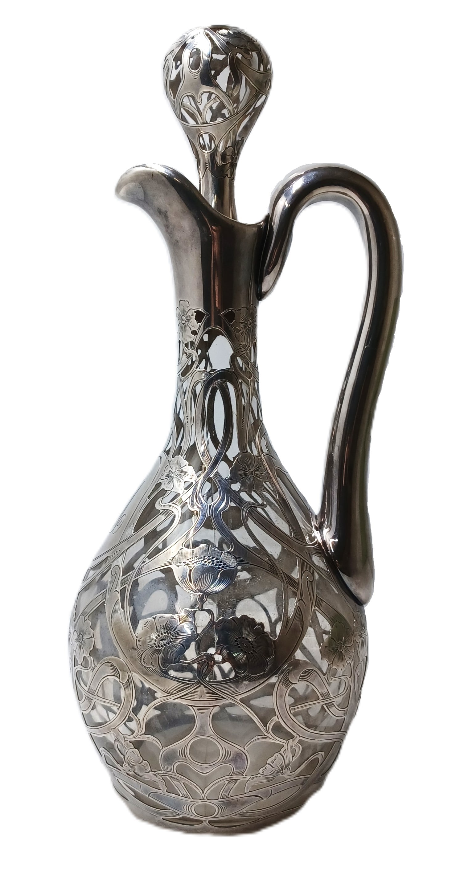Antique Fine Silver Mounted Overlay Pitcher Art Nouveau w/ Stopper (1 of 5)