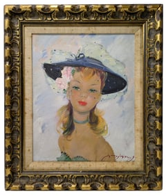 French Signed Parisienne Young Lady Couture Portrait Pinup Tradition Oil on Canvas Painting