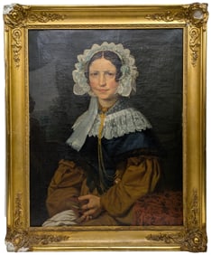 Possibly Copley Influence Lace Collar Bonnet 18c 19c Woman Portrait Gold Jewelry Oil Painting