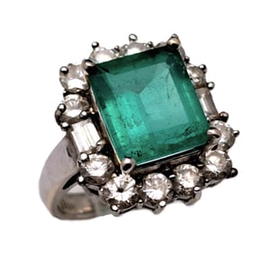Approx 3.8ct Natural Colombian Emerald 18k White Gold Vintage Ring w 1.5ct Fine Diamonds